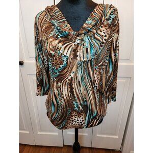 Vintage Y2K Brown and Turquoise Animal Print Draped Neck Top M 00s  Fall 2009